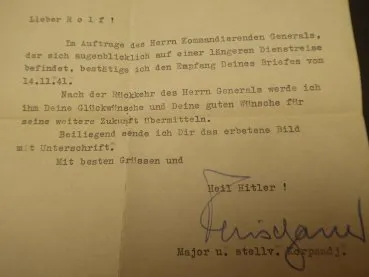 Postkarte mit OU Schwerter-Träger General Dietl + Brief und Briefumschlag an einen Schüler 1941