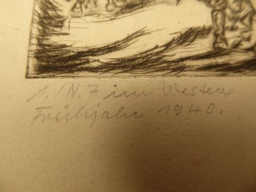 Bleistiftzeichnung - 1./N.7 im Westen Frühjahr 1940, signiert Max Moritz