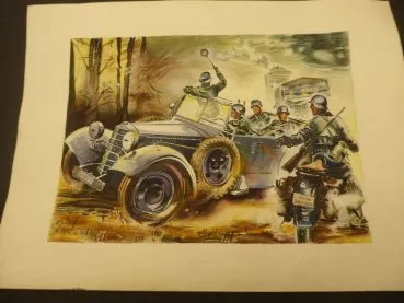 Aquarell - Wehrmacht Kolonne + Kradmelder