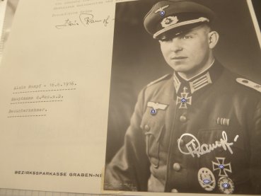 Knight's Cross recipient Alois Rampf, repro photo after 45 with original signature + order of the day