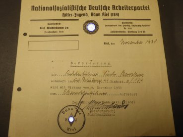 Dokumentengruppe eines HJ Oberkameradschaftsführer Gefolgschaft 184 Kiel - 3 Ausweise + Beförderungen