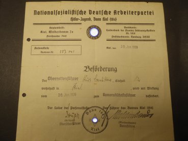Document group of a HJ senior comradeship leader Gefolgschaft 184 Kiel - 3 ID cards + promotions