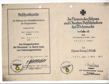 Kriegsmarine Togo NJL night hunting guide ship certificates war badge minesweeping - submarine hunting and Iron Cross 2nd class