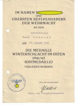 ww2 Urkunde Winterschlacht im Osten für den Unteroffizier