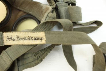 Wehrmacht and Luftwaffe gas mask box with mask, LS stamped, manufacturer and WaA, replacement lenses, embroidered wearer's name