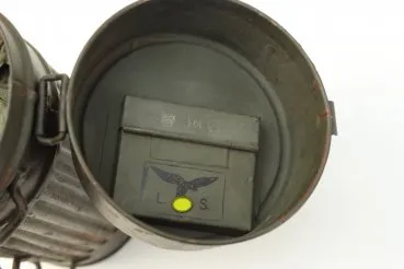 Wehrmacht and Luftwaffe gas mask box with mask, LS stamped, manufacturer and WaA, replacement lenses, embroidered wearer's name