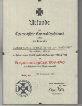 Certificate and Order for Membership of the Former 13th SS birth. Div. "Handschar", War Memorial Cross 1939 - 1945
