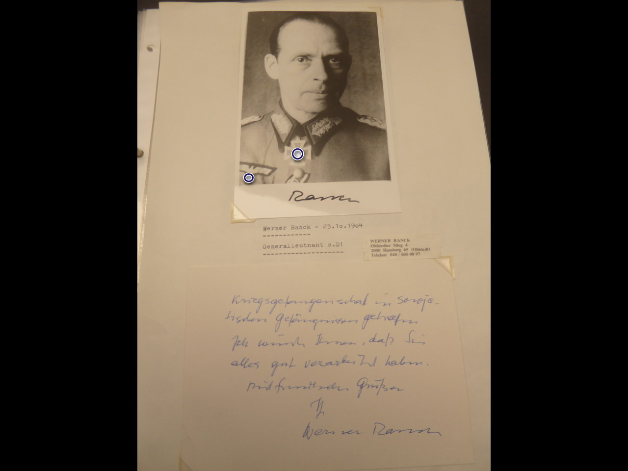 Ritterkreuzträger Generalleutnant Werner Ranck - Schreiben + Repro-Foto ...