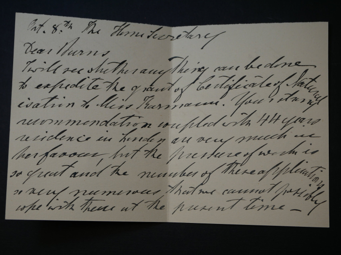 Autograph John Elliot Burns (1858-1943) - Britischer Politiker - Umschlag + Karte mit Unterschrift, Anschreiben an Burns