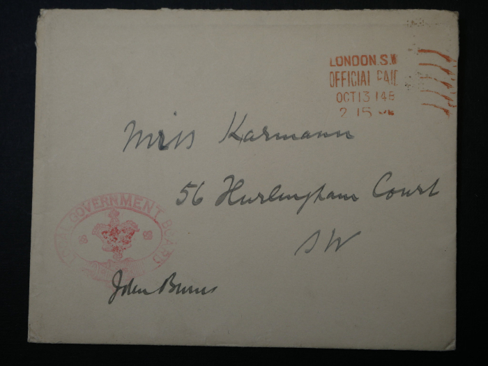 Autograph John Elliot Burns (1858-1943) - Britischer Politiker - Umschlag + Karte mit Unterschrift, Anschreiben an Burns