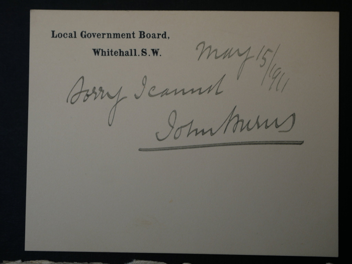 Autograph - John Bruns. Englischer Politiker, Karte mit Umschlag von 1911 an eine Miss Karmann