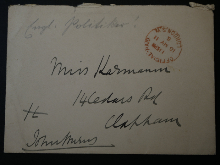 Autograph - John Bruns. Englischer Politiker, Karte mit Umschlag von 1911 an eine Miss Karmann