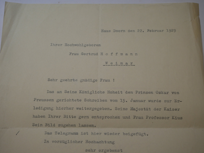 Autograph of Wilhelm (Ernst Justus) von Dommes (1867–1959): handwritten signature on a letter