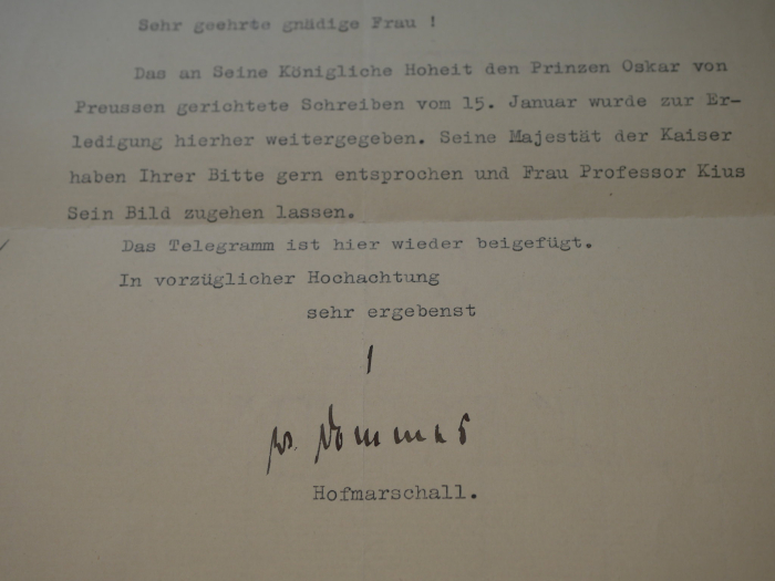 Autograph of Wilhelm (Ernst Justus) von Dommes (1867–1959): handwritten signature on a letter