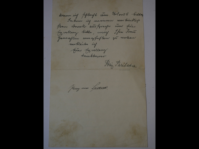 Autograph – Prince Paribatra Sukhumbandh of Siam (1881–1944) – Letter dictated in German, with a handwritten signature, 1907
