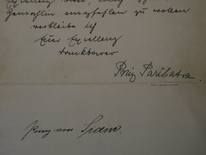 Autograph – Prince Paribatra Sukhumbandh of Siam (1881–1944) – Letter dictated in German, with a handwritten signature, 1907
