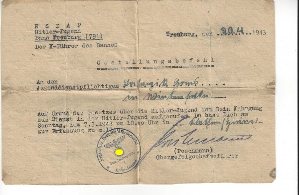 Estate of a HJ boy, Bann Ost-Berlin, Bann Treuburg 791 from 1943