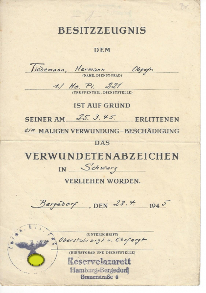 Ww2 Wehrmacht Urkunde Verwundetenabzeichen in schwarz