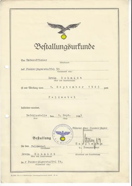 ww2 Bestallungsurkunde Panzerjäger Mölders