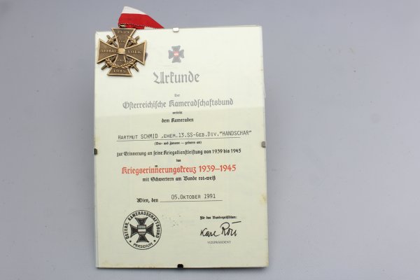 Urkunde und Orden für Mitgliedschaft der Ehem. 13. SS -Geb. Div. „Handschar“, Kriegserinnerungskreuz 1939 - 1945