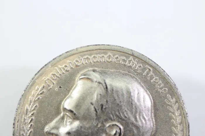 Gedenkplakette an Nadel Gauleiter Hans Schemm, umrahmt von der ​​​​​​​Inschrift "haltet einander die Treue"