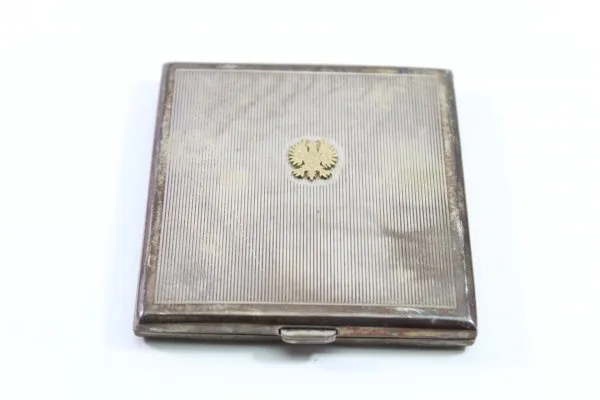 Silver case Christmas 1932 with monogram HR inside and coat of arms on the front