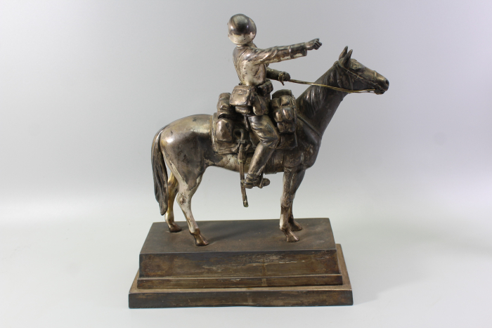 Original sculpture of a mounted German Wehrmacht cavalry soldier with steel helmet and equipment; inscribed "In memory of my service 1924–1938"
