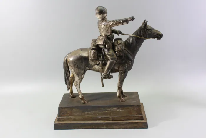 Original sculpture of a mounted German Wehrmacht cavalry soldier with steel helmet and equipment; inscribed "In memory of my service 1924–1938"