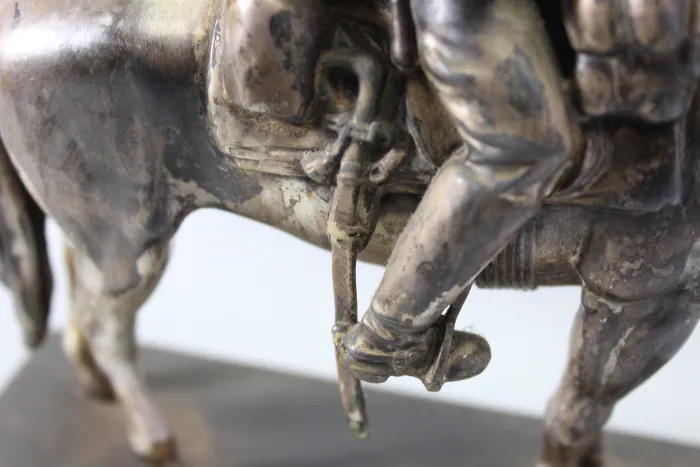Original sculpture of a mounted German Wehrmacht cavalry soldier with steel helmet and equipment; inscribed "In memory of my service 1924–1938"