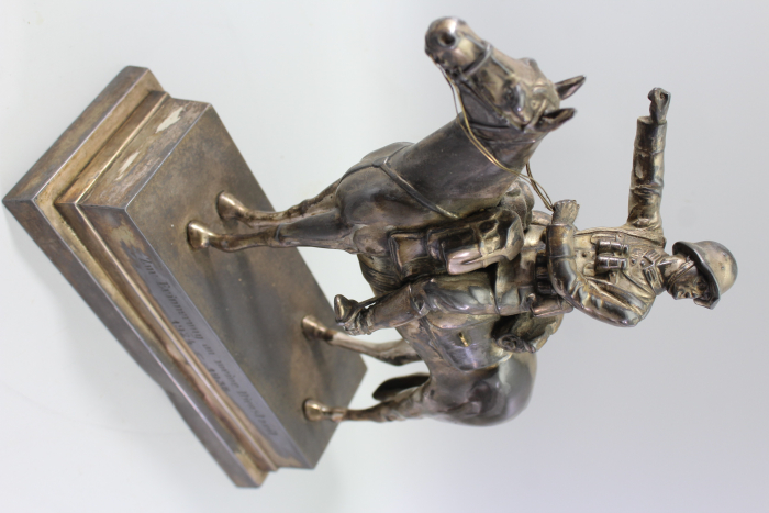 Original sculpture of a mounted German Wehrmacht cavalry soldier with steel helmet and equipment; inscribed "In memory of my service 1924–1938"