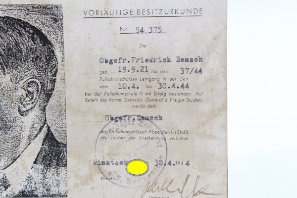 Vorläufige Besitzurkunde zum Fallschirmschützenabzeichen in Stoff,