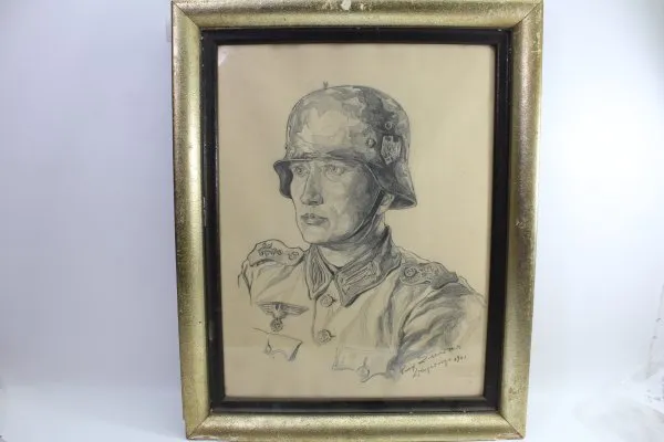 Ww2 etching Rudolf Sievers, portrait picture of a soldier pencil drawing