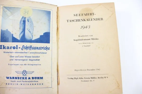 Maritime Pocket Calendar 1943 Edited by Lieutenant Mitzka with the assistance of J. Traxdorf