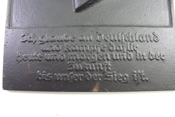 Wall-mounted honorary plaque A.H. in iron, blackened on the front with the motto