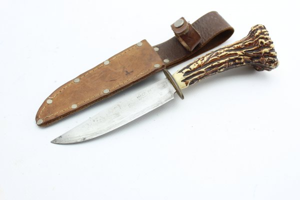 Vintage Trachtenmesser - Hirschfänger mit kapitaler Rehkrone - Jagdmesser mit Lederscheide Made in Germany