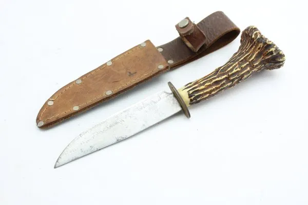 Vintage Trachtenmesser - Hirschfänger mit kapitaler Rehkrone - Jagdmesser mit Lederscheide Made in Germany