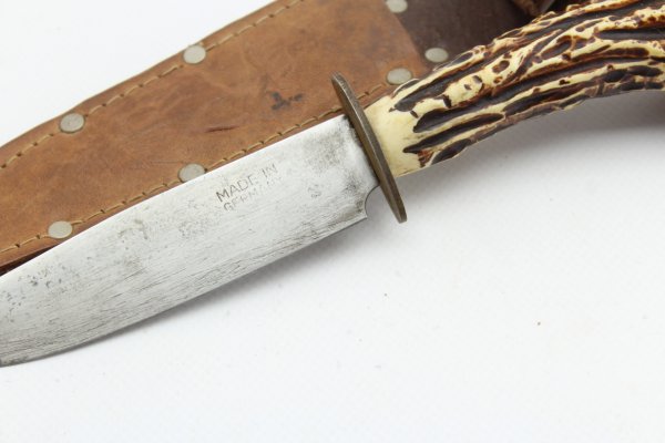 Vintage Trachtenmesser - Hirschfänger mit kapitaler Rehkrone - Jagdmesser mit Lederscheide Made in Germany