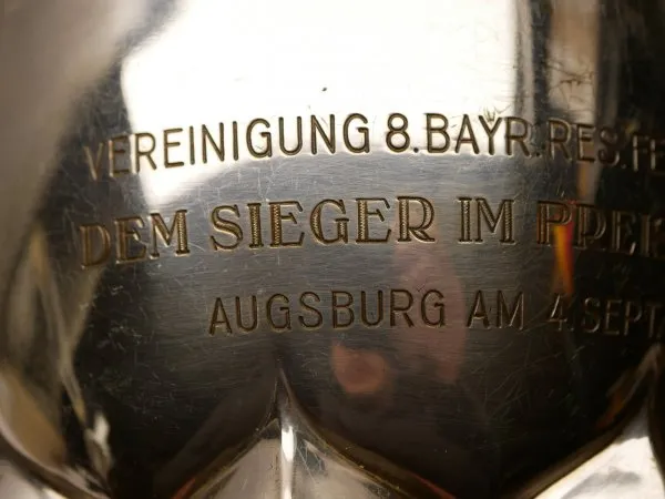 Heavy silver cup with inscription "Association 8th Bavarian Res. Field Art. Rgt. - To the winner of the prize bowling - Augsburg on 4 September 1930"