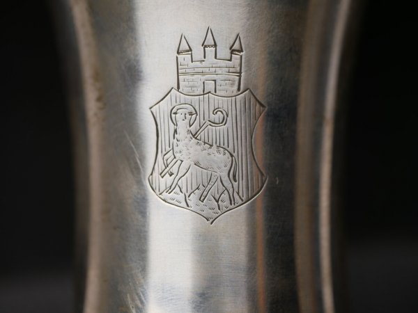 Candlestick 830 silver with coat of arms and inscription - "To your esteemed company chief in memory of Untffz. Korps 6/44 6.Komp. J.R.44"