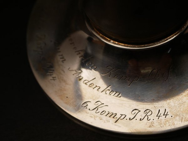 Candlestick 830 silver with coat of arms and inscription - "To your esteemed company chief in memory of Untffz. Korps 6/44 6.Komp. J.R.44"