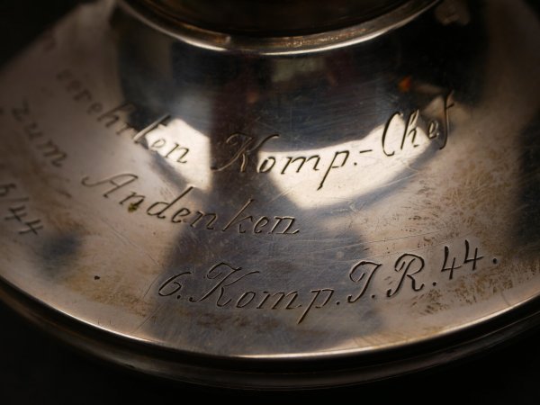 Candlestick 830 silver with coat of arms and inscription - "To your esteemed company chief in memory of Untffz. Korps 6/44 6.Komp. J.R.44"