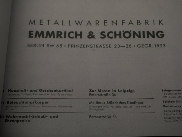 Catalog of the metal goods factory Emmerich & Schöning, Berlin 1938 - Wehrmacht shooting and honorary prizes