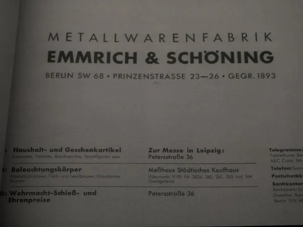 Katalog Metallwarenfabrik Emmerich & Schöning, Berlin 1938 - Wehrmacht Schieß- und Ehrenpreise