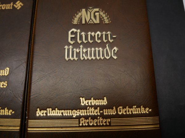 Zwei Urkundenmappen + eine Urkunde - Deutsche Arbeitsfront - Ehrenurkunde Verband der Nahrungsmittel- und Getränke-Arbeiter