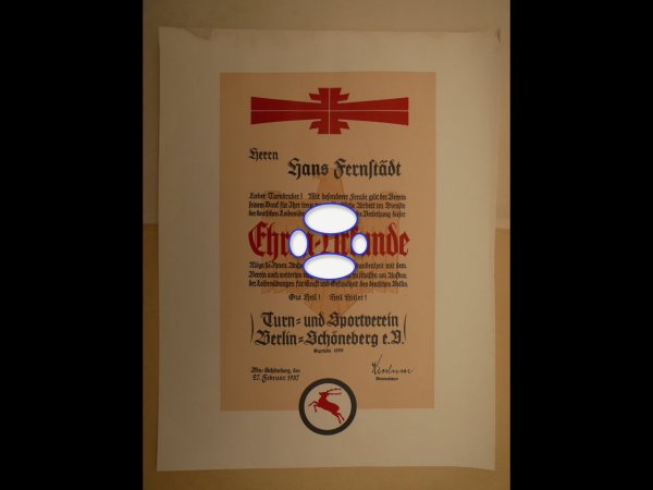 Very large certificate + envelope - Gymnastics and Sports Club Berlin Schöneberg from 1937