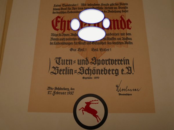 Sehr große Urkunde + Umschlag - Turn- und Sportverein Berlin Schöneberg von 1937