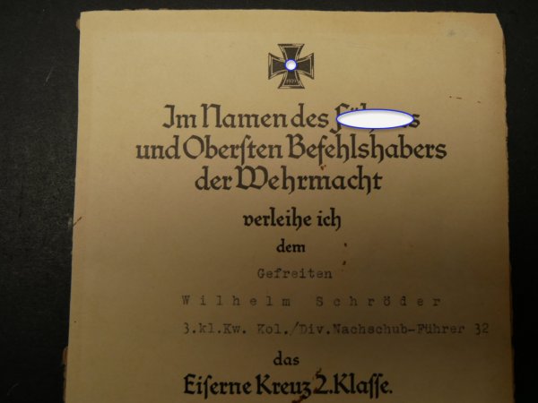 Urkunde EK2 Eiserne Kreuz 2. Klasse für einen Gefreiter Division Nachschub-Führer 32