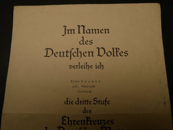 Certificate - Third Level of the Cross of Honour of the German Mother