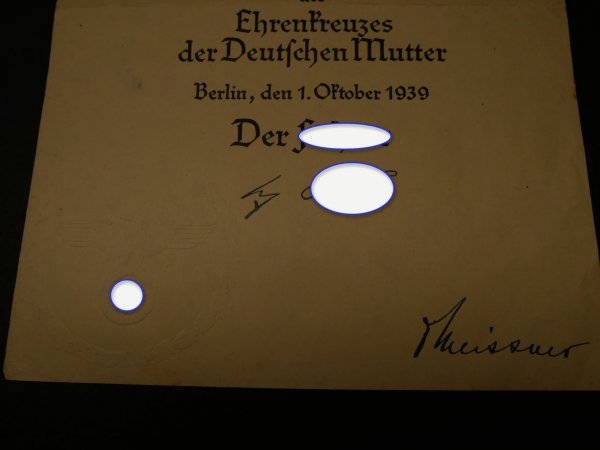 Certificate - Third Level of the Cross of Honour of the German Mother