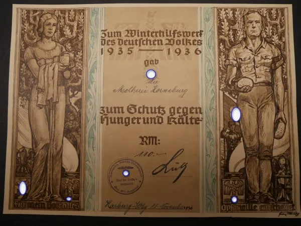 Schmuckurkunde Winterhilfswerk 1935/36 Gau Ost-Hannover Spenden-Urkunde einer Molkerei über 110 RM, A4